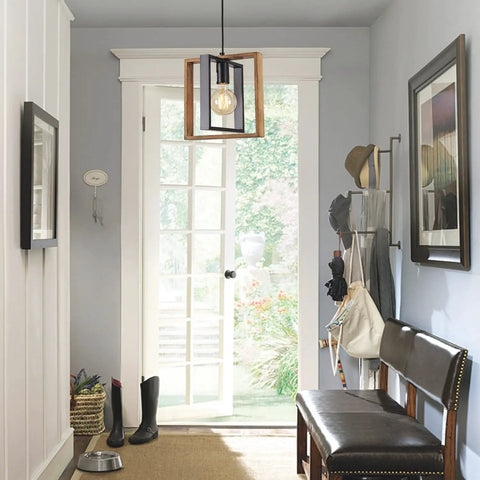 Dope Matte Black And Solid Wood Kitchen Island Pendant Light in bright foyer with French doors and coat stand