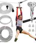 Child using Backyard Zip Line Kit For Kids And Adults Up To 500 Lbs, Heavy Duty 304 Stainless Steel Cable, 80 Foot Line, Trolley visible.