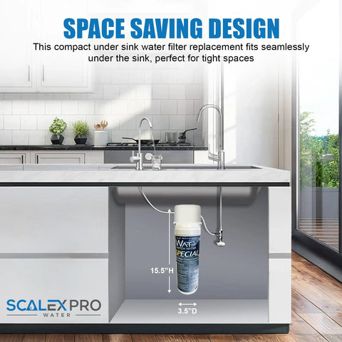 Level Up Your Tap Water Game With This 10 Inch Scale Prevention Filter Cartridge That Slaps Chlorine And Limescale While Infusing Smooth Calcium For Next Level Coffee Sipping under sink filter design in a kitchen.