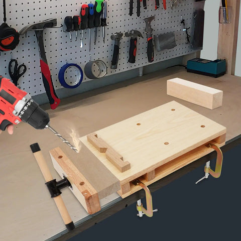 Beefy Portable Wooden Workbench With Woodworking Vise And C Type Clips 360 Degree Rotating Bench used with drill