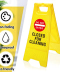 Two Pack Double Sided Closed For Cleaning Floor Signs Bright Yellow Folding Warning Plaques with 'DO NOT ENTER' message.