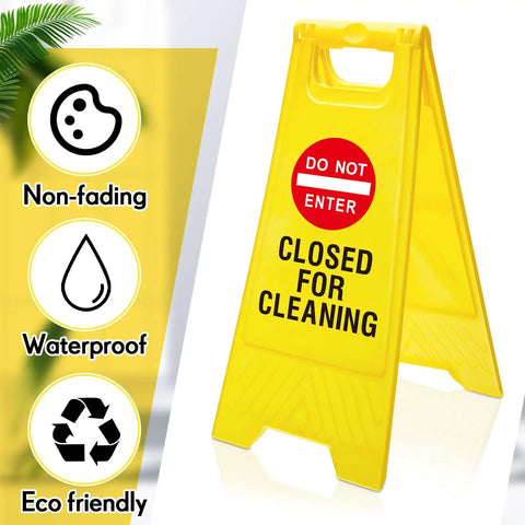 Two Pack Double Sided Closed For Cleaning Floor Signs Bright Yellow Folding Warning Plaques with 'DO NOT ENTER' message.