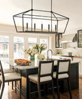 Black Farmhouse Chandelier With Five Lights For Kitchen Island And Dining Room Industrial Height Adjustable Hanging Pendant Lights Metal E12 Rustic Fixture For Dining Area No Bulbs Included Industrial Chic Vibe above kitchen island