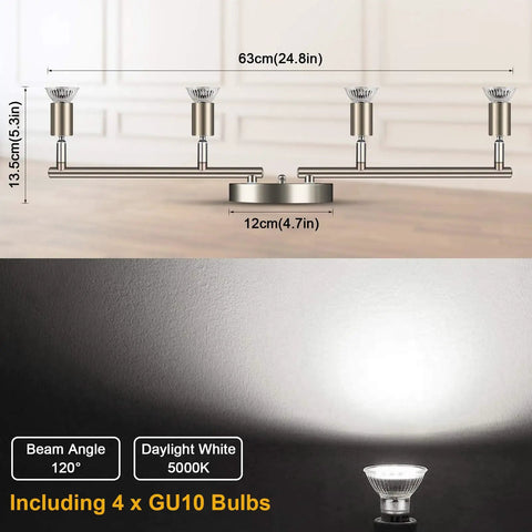 Dimensions and features of 4-Light LED Track Lighting Kit With Flexible Rotatable Heads, 4-Way Ceiling Spotlight In Matte Nickel Finish.