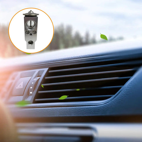 Universal Car A C Expansion Valve Metallic Anti Wear Replacement Part For Most Cars Trucks SUVs. Shown near car air vent.