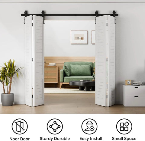 60 Inch Bi Folding Sliding Barn Door Hardware Track Kit With Side Mounted Black Rollers, installed on white bifold doors, room view.