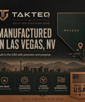 Image of TAKTEQ branding highlighting manufacturing in Las Vegas, NV, with an outline of Nevada state and Made in USA symbols.