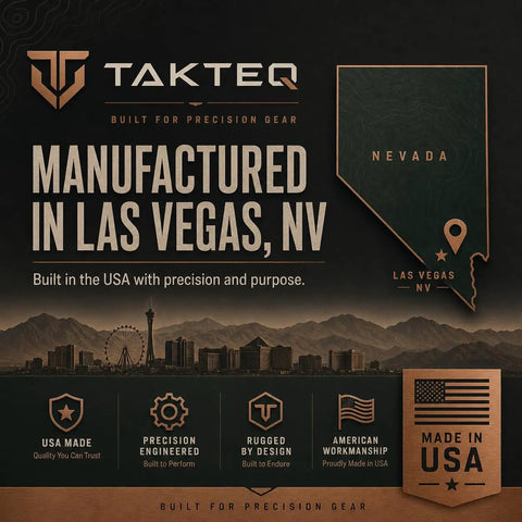 Graphic stating 'Manufactured in Las Vegas, NV,' highlighting USA precision and craftsmanship with city skyline and Nevada map.