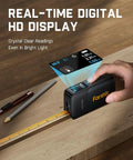 Person using 2 In 1 Laser Distance Meter And Digital Tape Measure With 165 Ft Range And 9.8 Ft Tape HD Color Display on wooden plank