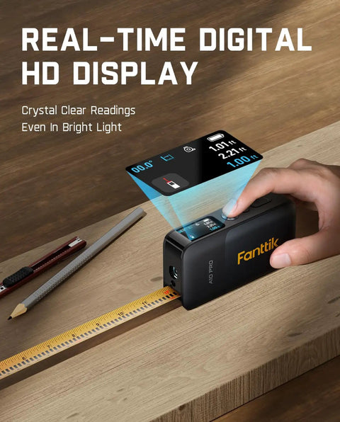 Person using 2 In 1 Laser Distance Meter And Digital Tape Measure With 165 Ft Range And 9.8 Ft Tape HD Color Display on wooden plank