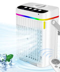 Compact 4-In-1 Mini Air Conditioner With Ice Water Cooling, Humidifier, Night Light, 1250ml Tank, 3 Speed Settings shown with remote
