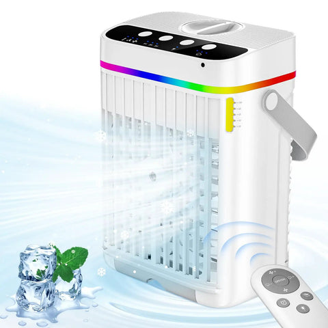 Compact 4-In-1 Mini Air Conditioner With Ice Water Cooling, Humidifier, Night Light, 1250ml Tank, 3 Speed Settings shown with remote