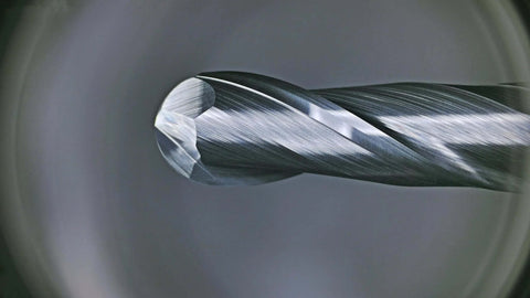 Ball nose carbide end mill, 1/8 in shank, 2-flute, silver finish, close-up view