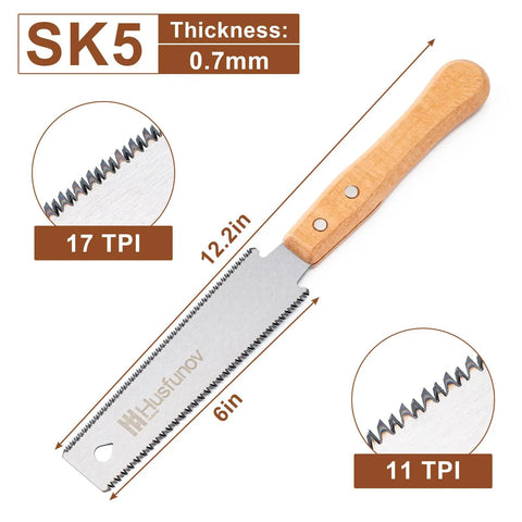 6 Inch Pull Saw With Double Edged Blades, 17 TPI For Hard Wood And 11 TPI For Fine Crosscuts, Ultra Flexible Pulse Teeth For Smooth Rips, Handy Hand Saw For Woodworking Projects And DIY, SK5 blade, 0.7mm thick