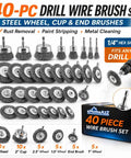 40 Piece Drill Wire Brush Kit With Cup, Wheel, And End Brushes For Rust Removal, Paint Stripping And Metal Cleaning, Universal One Quarter Inch Hex Shank Attachments For Easy Scrubbing And Prep, displayed with packaging and drill example
