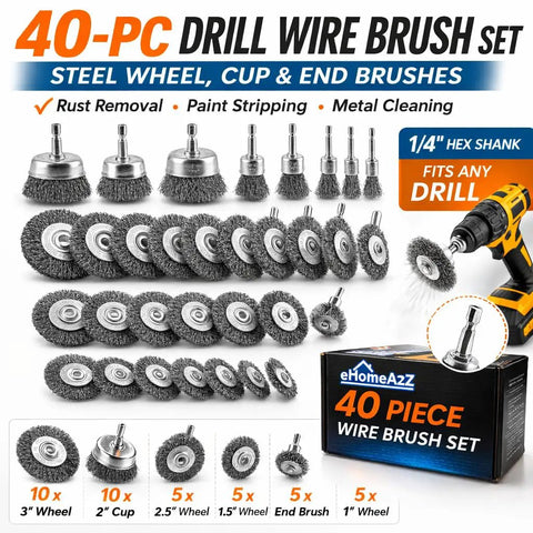 40 Piece Drill Wire Brush Kit With Cup, Wheel, And End Brushes For Rust Removal, Paint Stripping And Metal Cleaning, Universal One Quarter Inch Hex Shank Attachments For Easy Scrubbing And Prep, displayed with packaging and drill example