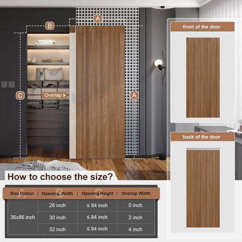 Premium 36X86 Inch Concealed Sliding Barn Door With Sleek Soft Close Hardware And Invisible Track Kit dimensions and installation guide illustration.