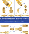 Half Inch Natural Gas Quick Connect Fittings Kit With Solid Brass Propane Hose Adapter For Grill And Heater Includes Male And Female Couplers With Dust Cap For Leak Free All Season Use, shown with various connectors and adapters.