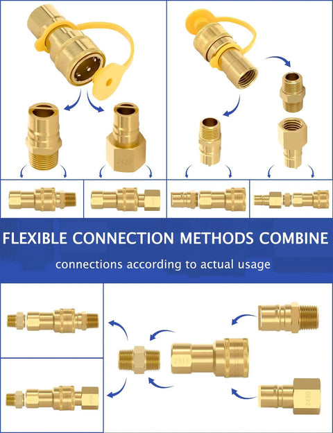 Half Inch Natural Gas Quick Connect Fittings Kit With Solid Brass Propane Hose Adapter For Grill And Heater Includes Male And Female Couplers With Dust Cap For Leak Free All Season Use, shown with various connectors and adapters.