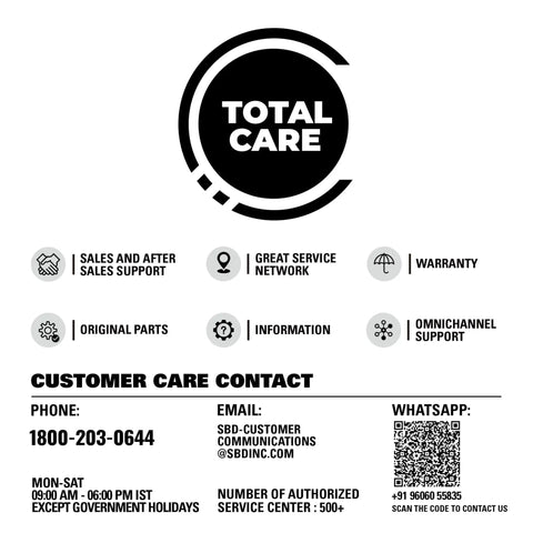 Customer care contact information with support services and warranty details shown in a black and white design.