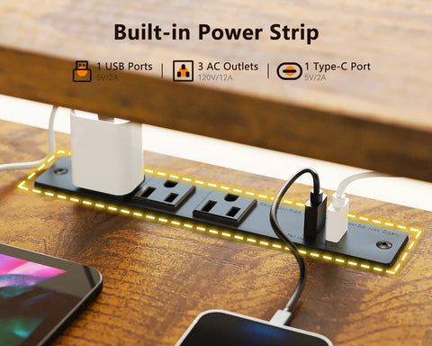 Built-in power strip with 3 AC outlets and USB Type-C on Dope Electric L Shaped Standing Desk With 59 Inch Wide Top, Rustic Brown