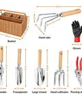 Heavy Duty Garden Tools Set With Basket, Stainless Steel Hand Tools With Wood Handles, Pruning Shears, Gloves, dimensions shown