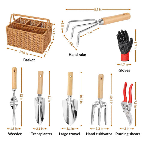 Heavy Duty Garden Tools Set With Basket, Stainless Steel Hand Tools With Wood Handles, Pruning Shears, Gloves, dimensions shown