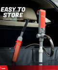 Battery Powered Fuel Transfer Pump 2 Pack With Quick Stop Nozzle Siphons Up To Two Point Six GPM With Flow Control Spill Free For Gas Diesel And More Lockable Nozzle Portable Siphon Pump Kit in car trunk with hose and quick-stop nozzle