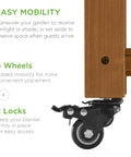 Close-up of locking wheel on Elevated Eight Pocket Garden Bed With Locking Wheels Mobile Raised Planter, Acorn Brown
