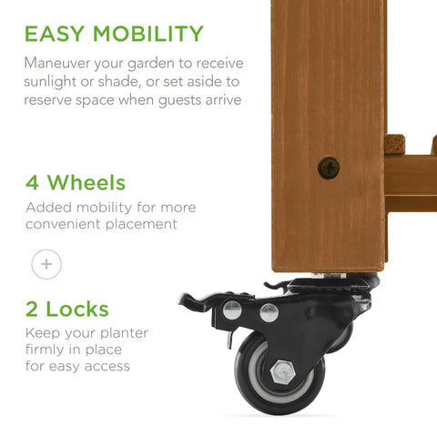 Close-up of locking wheel on Elevated Eight Pocket Garden Bed With Locking Wheels Mobile Raised Planter, Acorn Brown