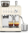 Kick Up Your Daily Grind With This Rock Solid Commercial Espresso Machine Featuring A Built In Grinder Steam Wand And Heavy Duty Tamping Kit For Flawless Lattes In Clean White; espresso machine with built-in grinder and steam wand.