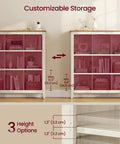 Hella Spacious Farmhouse Nine Cube Bookshelf With Heavy Duty Legs And Adjustable Shelves In Cloud White And Warm Brown For Living Room And Home Organization That Is Absolute Knockout For Tight Spaces, showing height options of 12.3" and 9.8".