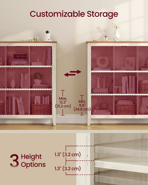 Hella Spacious Farmhouse Nine Cube Bookshelf With Heavy Duty Legs And Adjustable Shelves In Cloud White And Warm Brown For Living Room And Home Organization That Is Absolute Knockout For Tight Spaces, showing height options of 12.3" and 9.8".