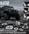 Off-road vehicle on rocky terrain with mechanical parts displayed below, showcasing various auto parts for installation.