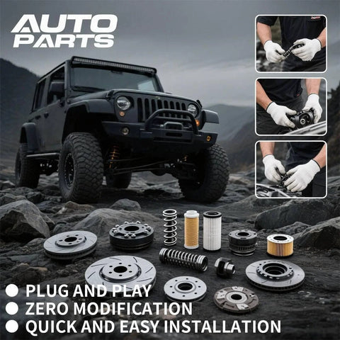 Off-road vehicle with auto parts laid out, including brake rotors and filters, designed for plug and play installation.