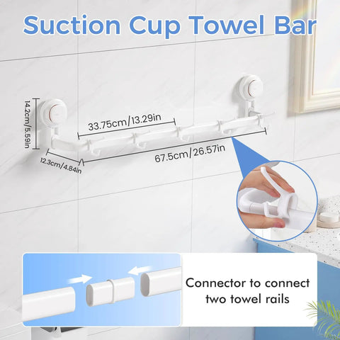 Suction Cup Towel Bar 24 Inch Adjustable No Drill Removable Wall Mounted Towel Rack With 5 Sliding Hooks in bathroom