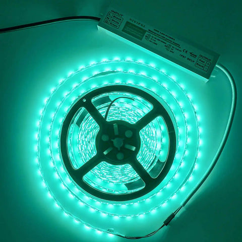 Coiled LED strip light with Six Pack 60W Waterproof LED Driver Power Supply IP67 100-260V AC To 12V DC Low Voltage Converter For Outdoor Lights.
