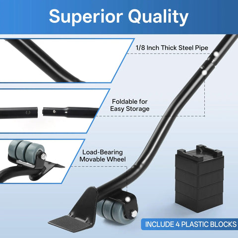 Heavy Duty Steel Furniture Lifter Tool Set With Four Grippy Pads Effortlessly Hoist Couches And Fridges For Quick Clean Ups Or Apartment Moves Absolute Game Changer That Keeps Your Back Happy During The Grind, showing foldable design and movable wheels.