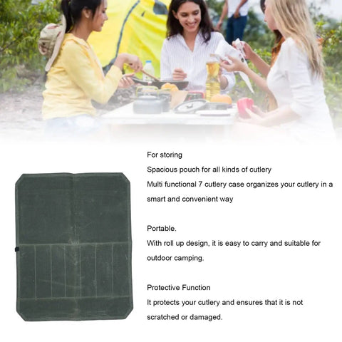 Waxed Canvas Knife Roll Bag With Seven Slots, Portable Cutlery Roll Case for camping near picnic table with people