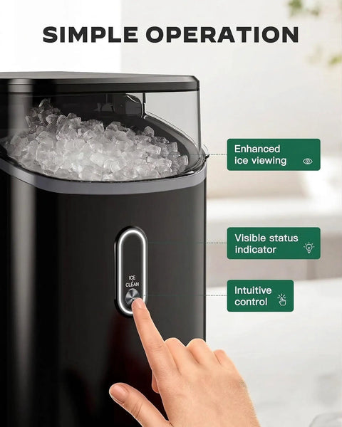 Finger pressing button on Nugget Ice Maker Countertop With Soft Chewable Pebble Ice, One-Click Operation for easy use.