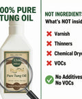 100 Percent Pure Tung Oil 12 Oz Natural Wood Finish For Furniture And Crafts Non Toxic Fast Drying Clear Sealant For Hardwood And Diy Projects Straight Fire Grade label detailing ingredients.