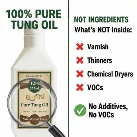 100 Percent Pure Tung Oil 12 Oz Natural Wood Finish For Furniture And Crafts Non Toxic Fast Drying Clear Sealant For Hardwood And Diy Projects Straight Fire Grade label detailing ingredients.