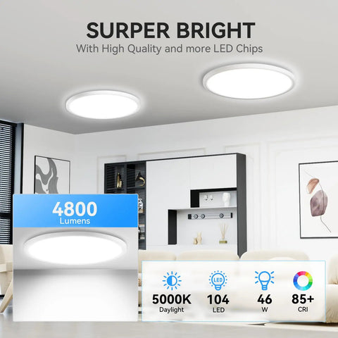 Two Pack 4700 Lumen LED Flush Mount Ceiling Light Ultra Slim 16 Inch 5000K Daylight showing bright illumination in living room