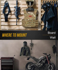 Heavy Duty Wall Mounted Gear Rack For Helmets Vests Belts And More with tactical and motorcycle gear displayed
