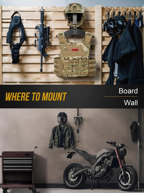 Heavy Duty Wall Mounted Gear Rack For Helmets Vests Belts And More with tactical and motorcycle gear displayed
