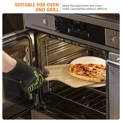 Removing pizza with oak peel from oven on 5 Piece Round Pizza Stone Set With 13 Inch Stone, Oak Wood Pizza Peel, 12 By 17 Paddle.