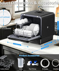 Compact Countertop Dishwasher Portable Unit With Smart Touchpad And 5 Liter Built Tank showing dimensions and accessories on countertop.