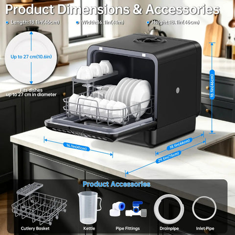Compact Countertop Dishwasher Portable Unit With Smart Touchpad And 5 Liter Built Tank showing dimensions and accessories on countertop.