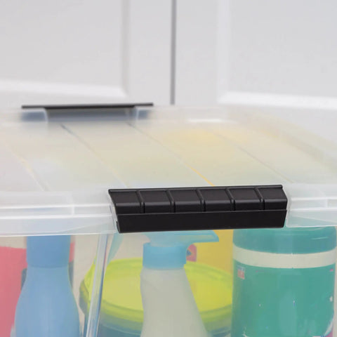 Close-up of a 32 Qt BPA-Free Plastic Storage Bin With Lid, Stackable Tote For Pantry, Home, Closet and Office Organization