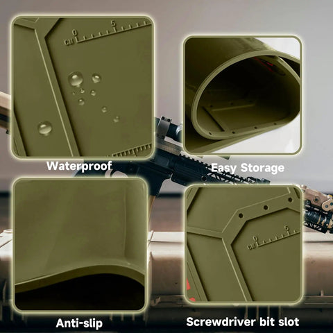 Heavy Duty Gun Cleaning Mat With Magnetic Pistol Pad And Tool Stand, Non Slip Work Surface For Safe Cleaning, Pro Grade Durable Polyester Mat For Firearm Maintenance, Keeps Parts And Tools Organized. Olive green polyester mat with water slots and storage